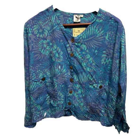 Las Manos Handwovens Women Large Cotton Button Front Rayon Green Blue New - Picture 1 of 12